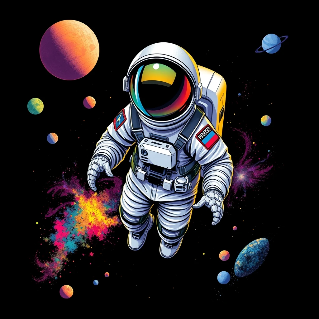 A design of an astronaut in space for a black t-shirt with a detailed character illustration of the astronaut in space against colorful and vibrant contrasting elements on a black space background in the style of Grzegorz Domaradzki. The drawing is a hyperrealistic vector image.