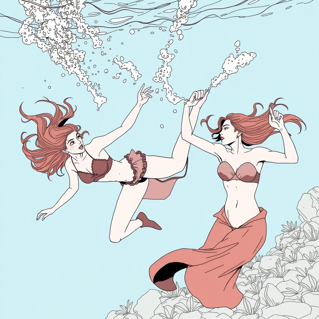 2 women fighting underwater, pure line art.