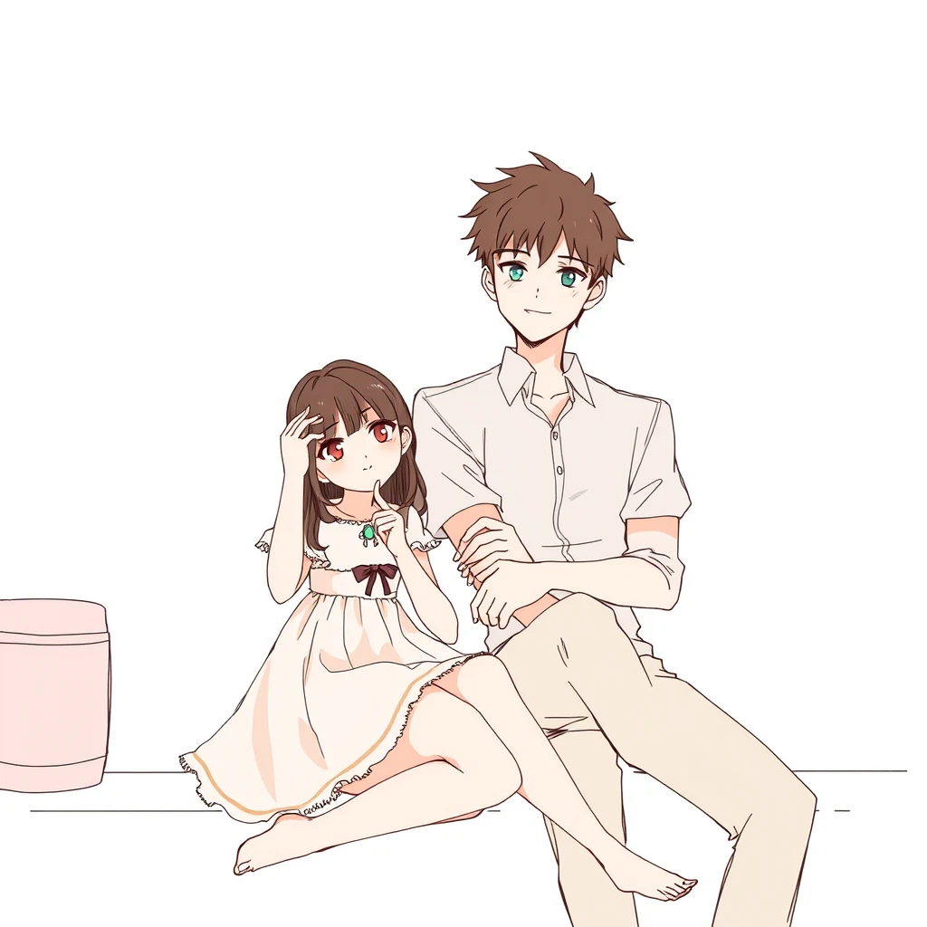 anime sketch of a young woman in a cute dress sitting with her tall and handsome boyfriend