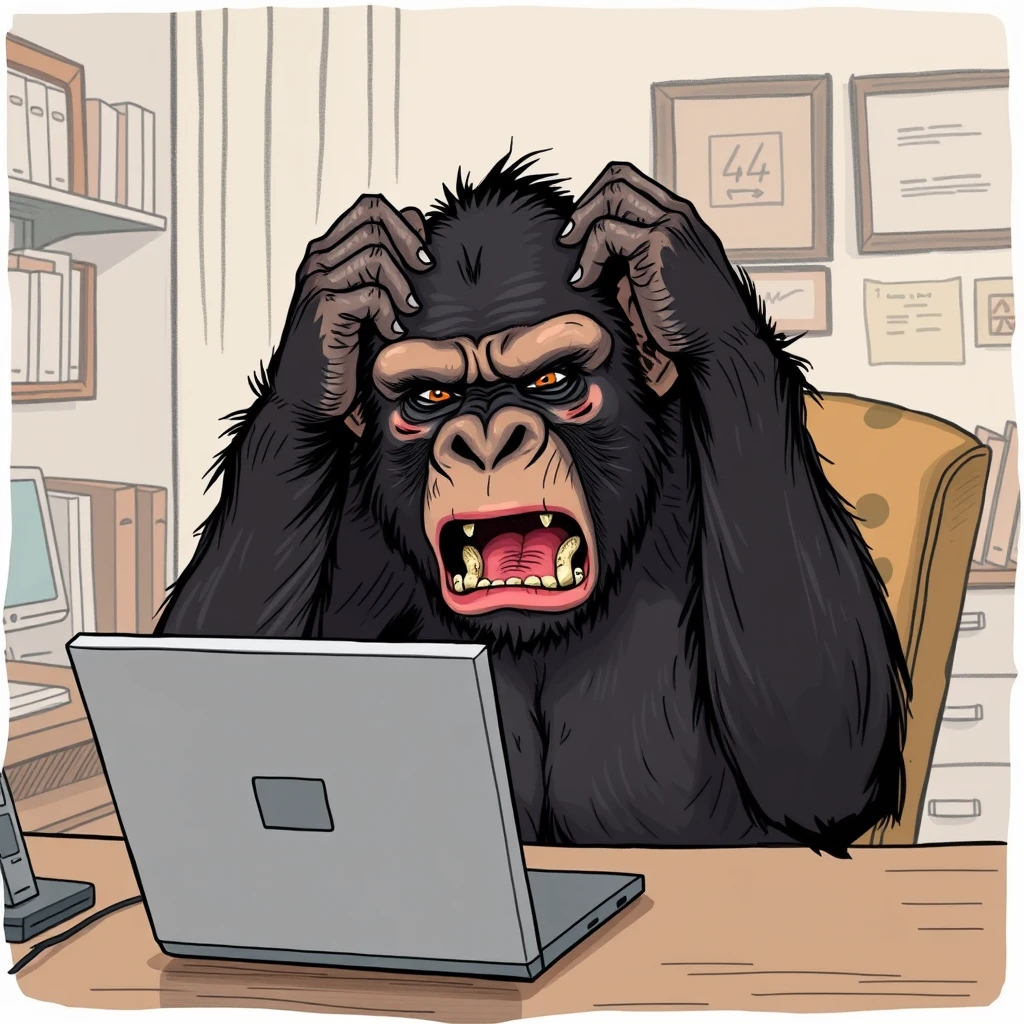 Chimpanzee sitting at a desk in a home office with a laptop computer in front of him. The ape is angry, crying in rage and despair with his hands held to his head. Stylized detailed drawing with exaggerated expressions. - Image