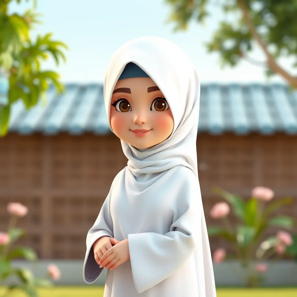 Create a 3D animated cartoon of a Muslim woman from Palembang wearing a long white gamis. The character should be highly detailed with 8K resolution. Focus on traditional Palembang features and cultural elements.