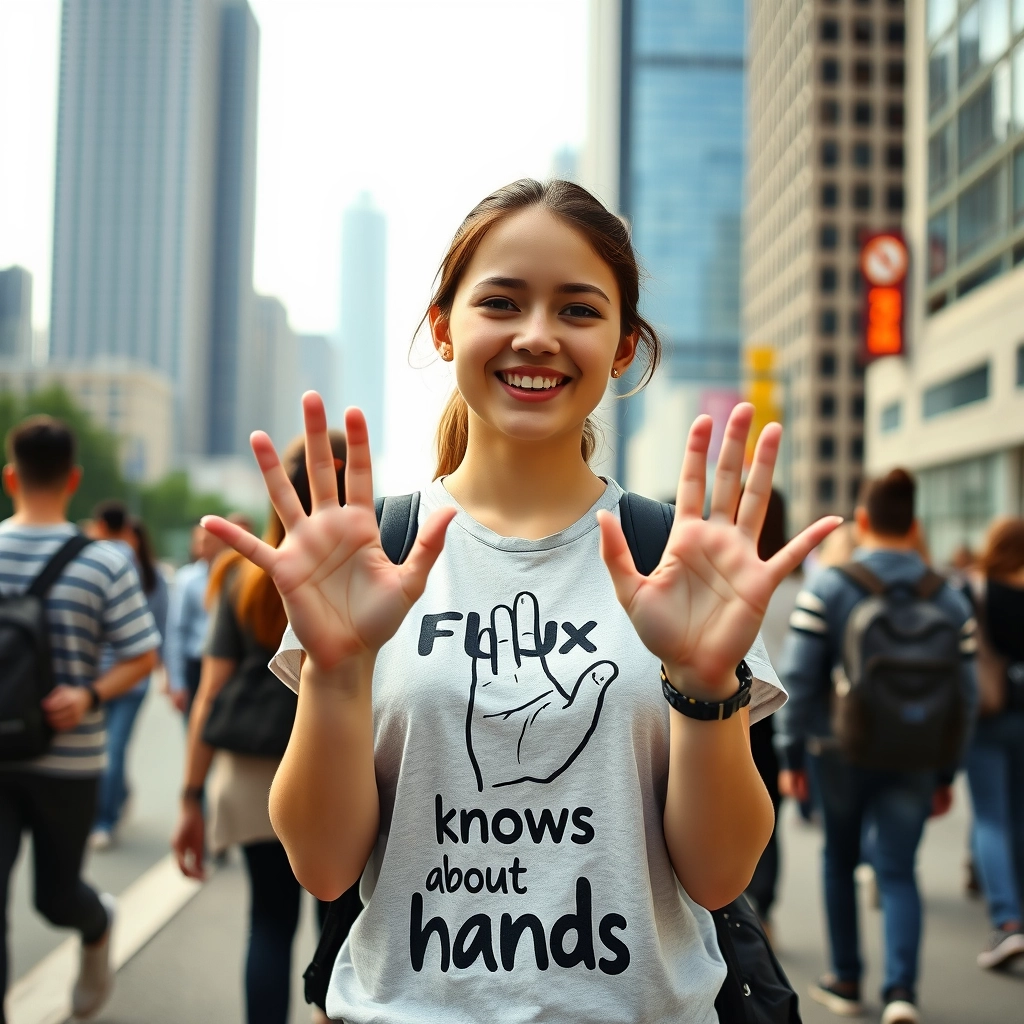 Young woman holding her hands out in front of her, her t-shirt has a drawing of a hand and the text "Flux knows about hands," she is smiling, random people are walking behind her, skyscrapers in the distance.