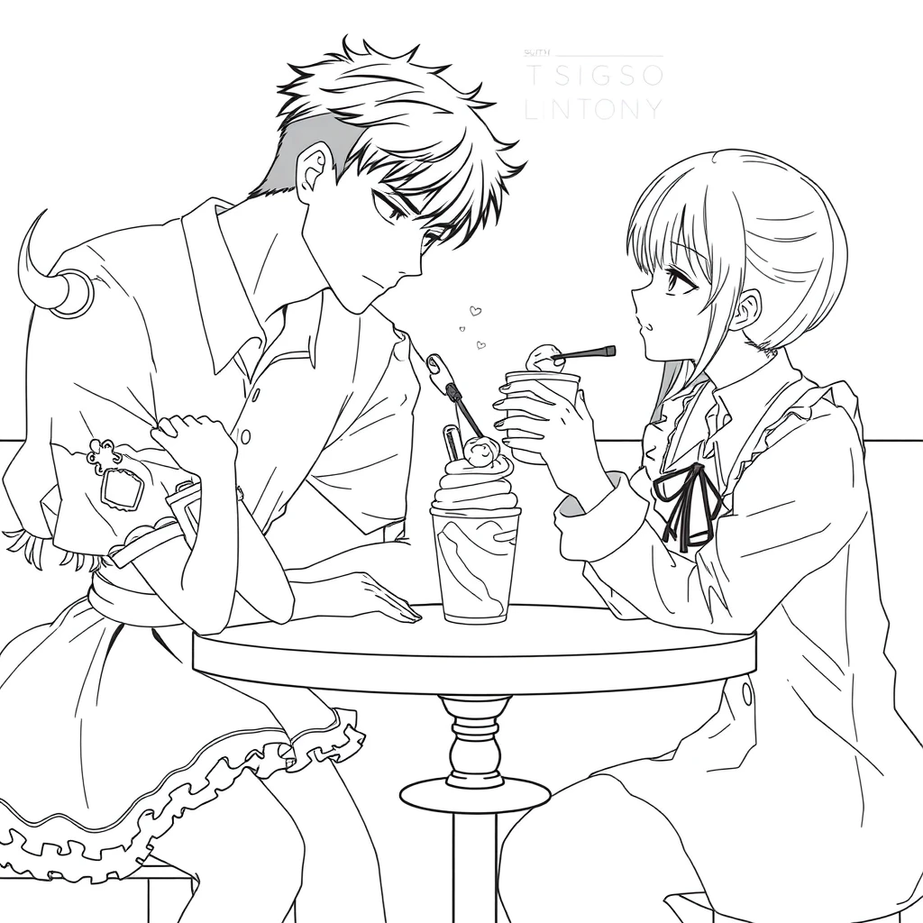 The boy was sitting and feeding his girlfriend a cup of ice cream, and the girl was wearing a Lolita dress, resting her cheeks on her hands on the table. The boy is tall and handsome. Anime line art.