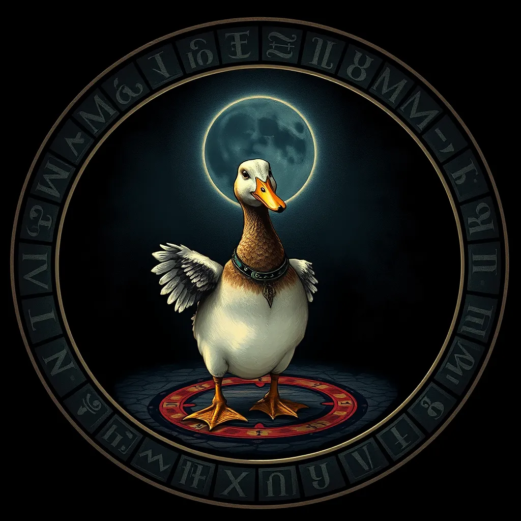 Duck performing a ritual standing within a magic circle with ancient runes, dark background. - Image