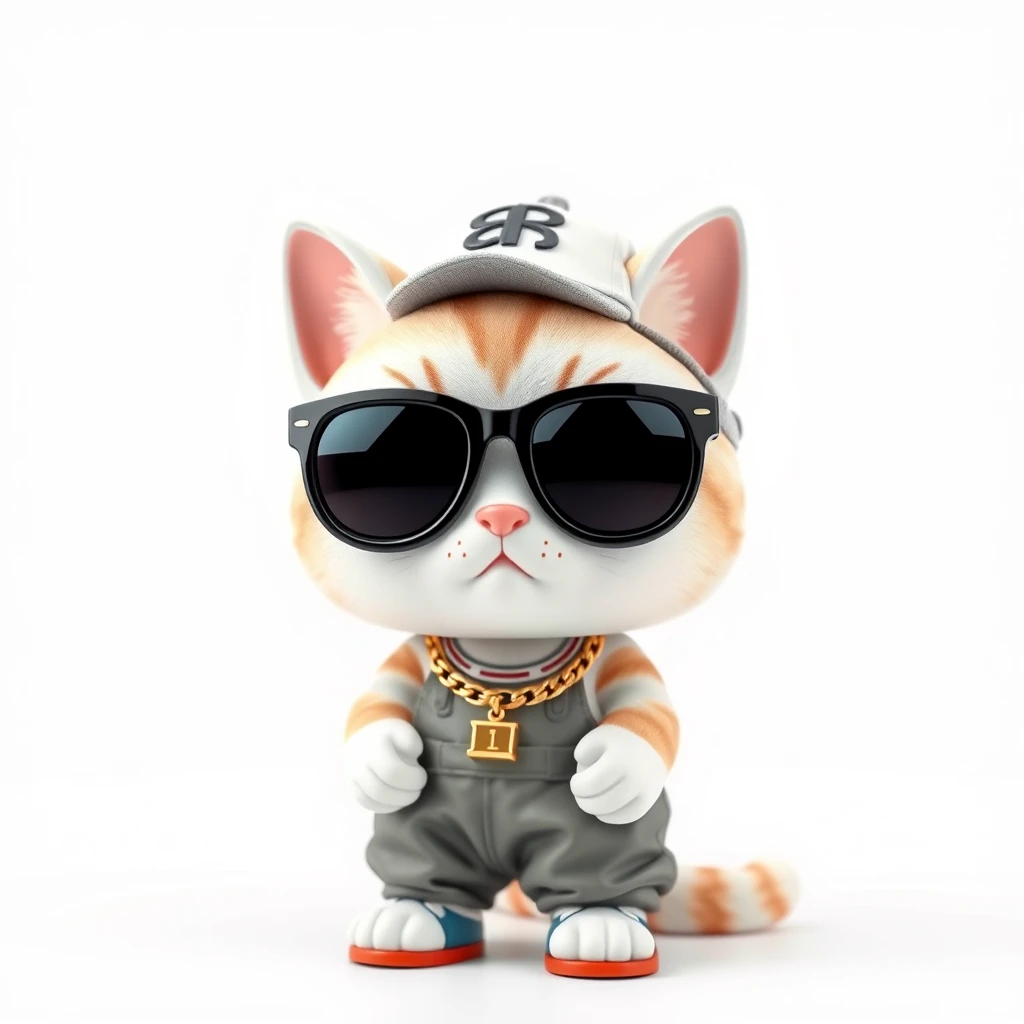 A cat figurine, 3D style, depicted in a cute Japanese chibi (two-head) style, wearing hip-hop style clothing such as oversized sunglasses, a gold chain, baggy pants, and a hat. The visual style is a realistic photo, in 8K ultra-high resolution, with a white background.