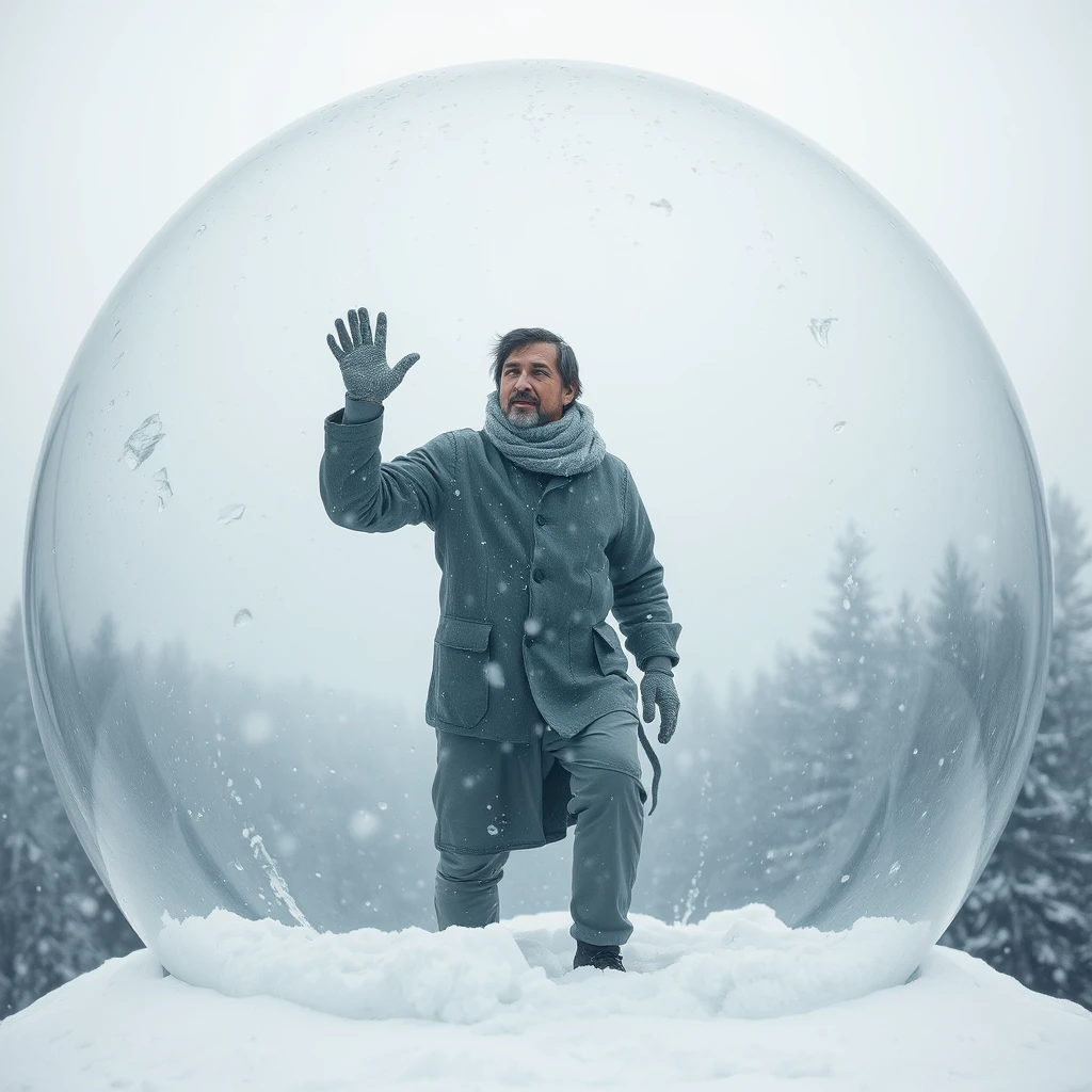 A man, dressed in thin clothes and looking haggard, stands within a huge transparent glass dome. He is pounding on the glass dome with all his might, but it is of no use. Snow falls inside and outside, creating a lonely and profound world. The glass dome symbolizes the invisible constraints of life, and it should be faintly visible. - Image