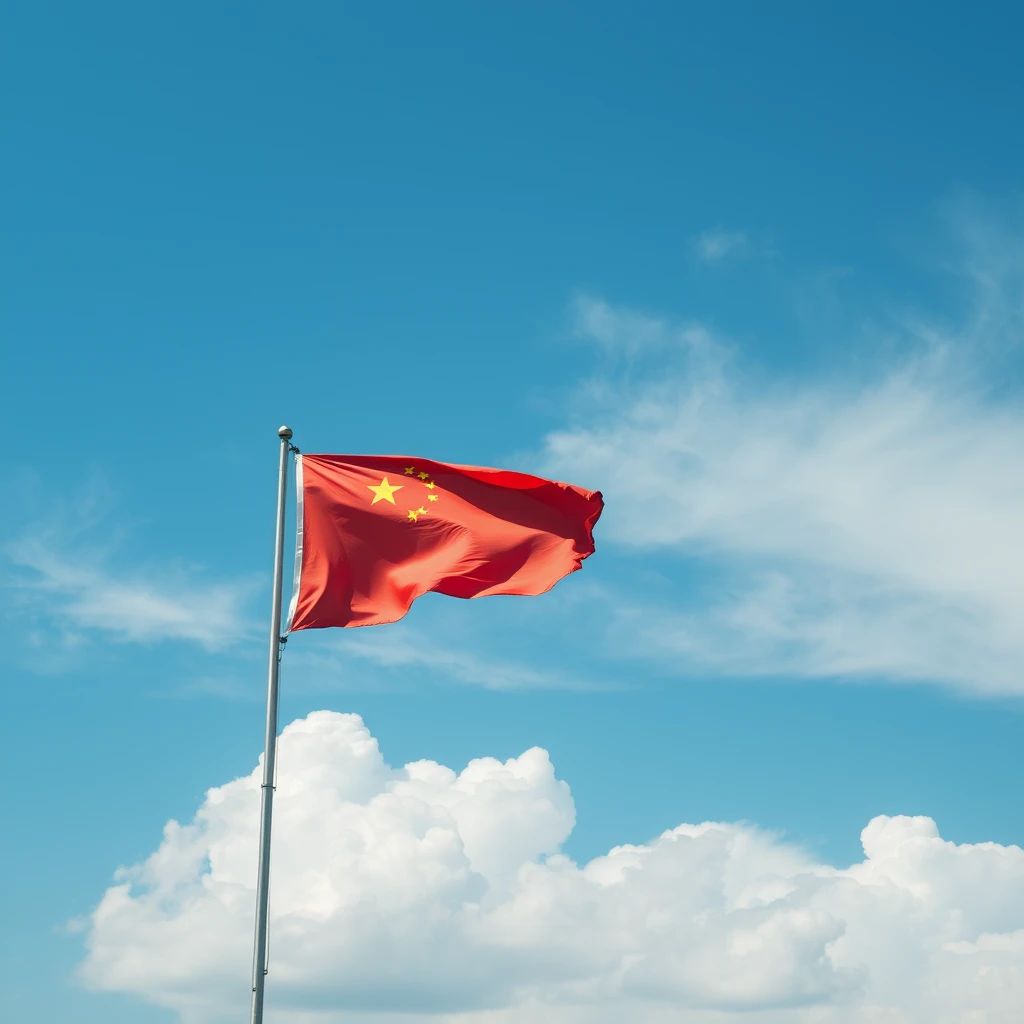 blue sky, wind, summer, a lot of white clouds, China flag - Image