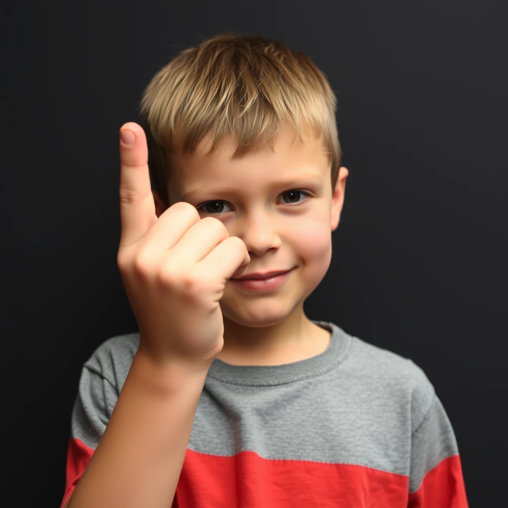 A boy is raising his middle finger at me, flipping me off, being violent. - Image