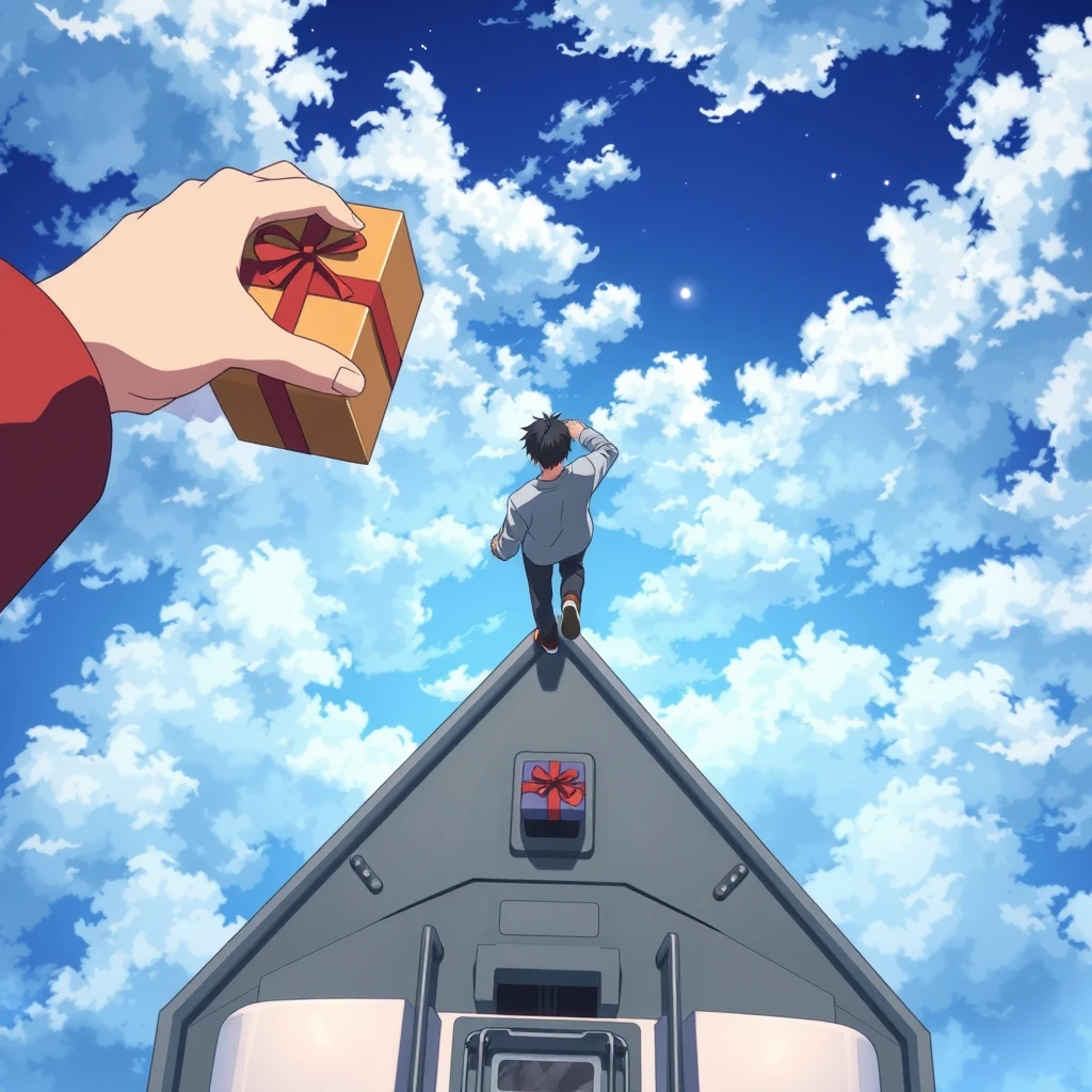 View from above, a man walking on top of a train that is moving towards the sky. A present box dropped from her hand, anime. - Image