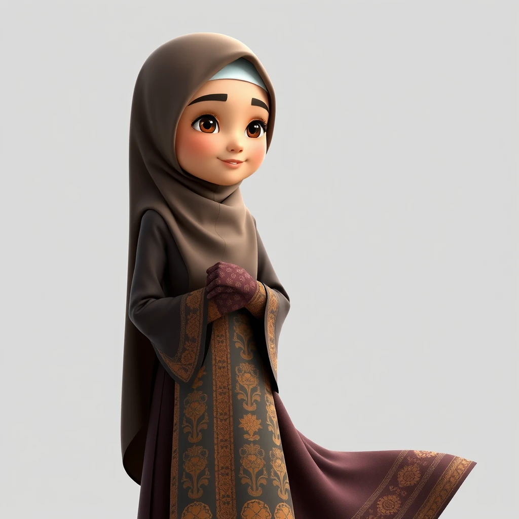 A 3D, 8k animated cartoon depiction of a Muslim woman from Palembang, wearing a traditional long songket and a long gown (gamis). She is adorned with a hijab that covers her chest and wears batik gloves covering her hands.