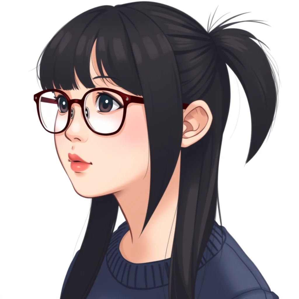 Asian girl, black hair, round face, thick-framed glasses, single ponytail. - Image