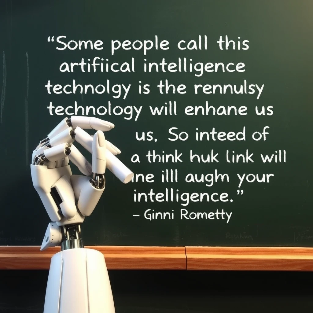 A robotic hand holding a piece of chalk writing with that piece of chalk on a chalkboard with writing on it that says “Some people call this artificial intelligence, but the reality is this technology will enhance us. So instead of artificial intelligence, I think we’ll augment our intelligence.” —Ginni Rometty, on a classroom style chalkboard.