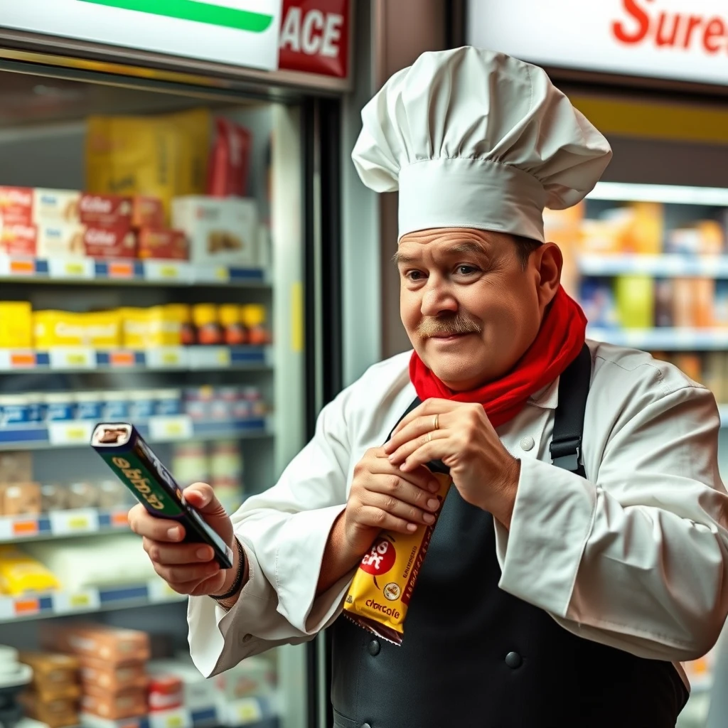 French chef stealing a chocolate bar from a convenience store.