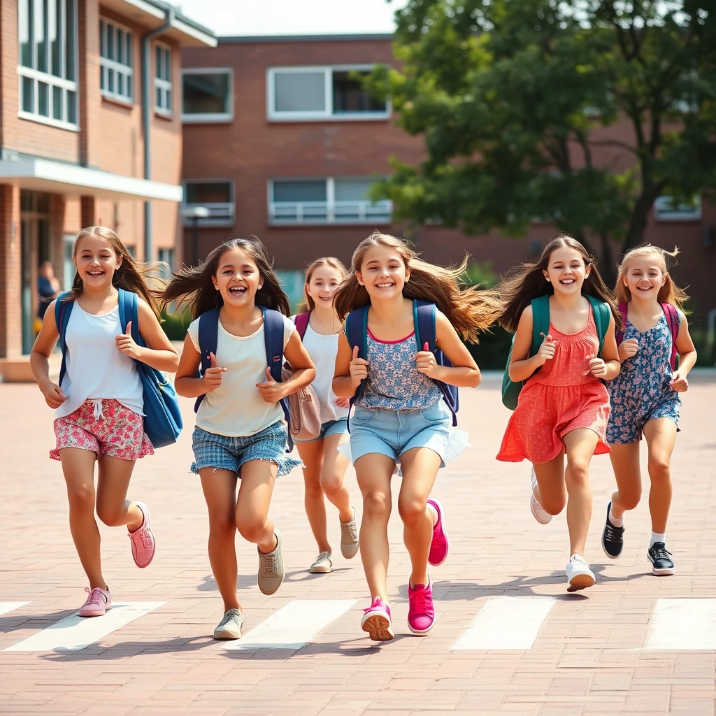 "Create a photo of a group of 14-year-old girls wearing summer clothes, joyfully running across the schoolyard because the holidays are starting. They are carrying school backpacks and cheering."