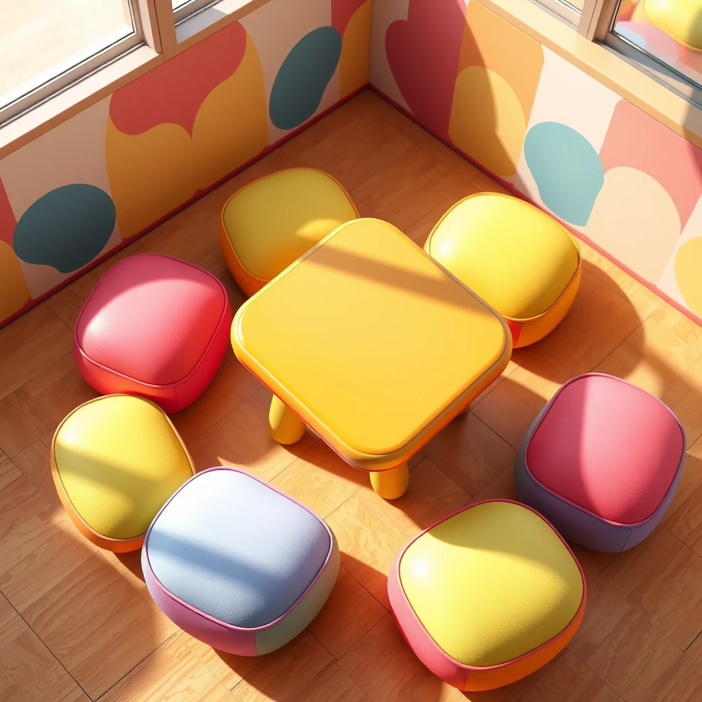 Digital image of a playful and soft padded multicolor table, small table, square table, vibrant colors. The overall atmosphere should be fun, light-hearted, and engaging, suitable for a digital game environment, top 45 degree view. - Image