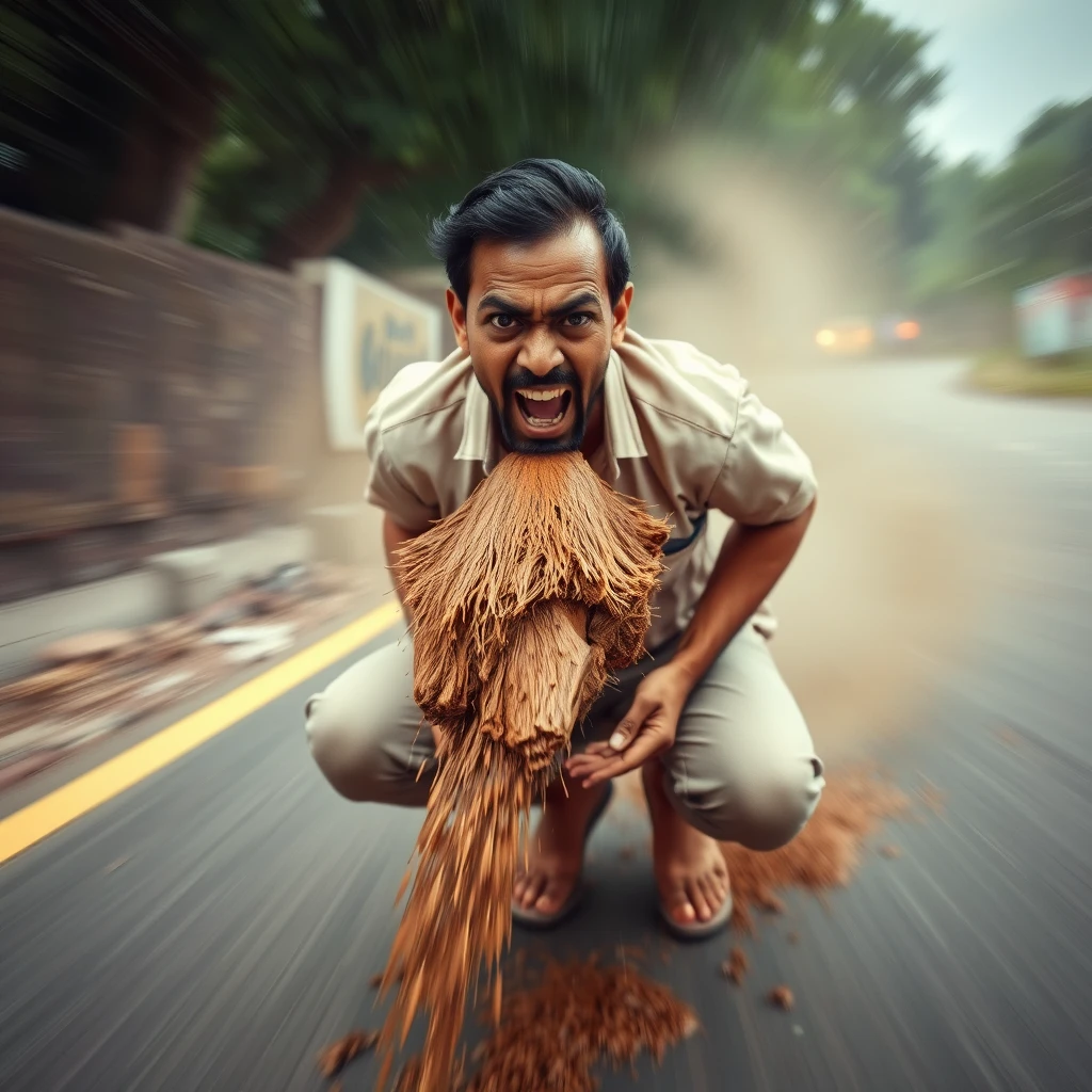 Indian man defecating a stream of high-pressure brown liquid, flying away at high speed 20m high, squat pose, high-pressure stream of brown liquid, low quality CCTV footage, angry screaming at camera, bulging eyes, front view, radial blur.