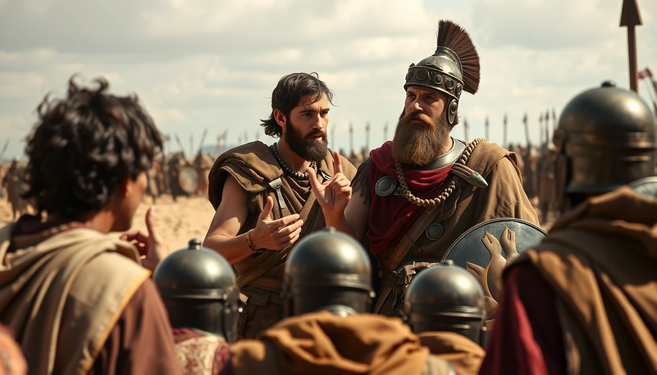 A dark-haired young-looking Jewish shepherd is arguing, using expressive hand gestures, against a middle-aged Israelite king about fighting against the enemy army. The king is wearing bronze-age soldier attire. In the foreground, Israelite soldiers gather around the two men. In the background, on the distant horizon, stands the Philistine army. - Image