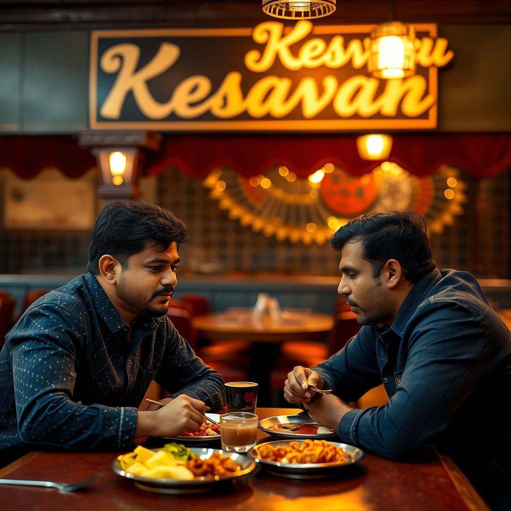 Two Indian guys eating at a traditional aesthetic Chattinadu interior Indian restaurant with signage written "Kesavan," bokeh, golden hour, dark blue and maroon theme color.