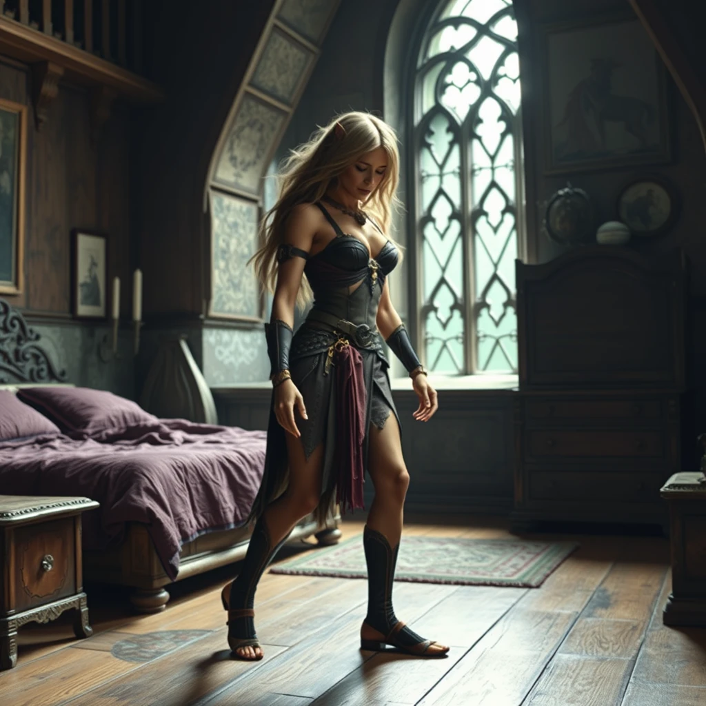 Location in a bedroom in a castle. Full body shot of a female elf turning into a werewolf.