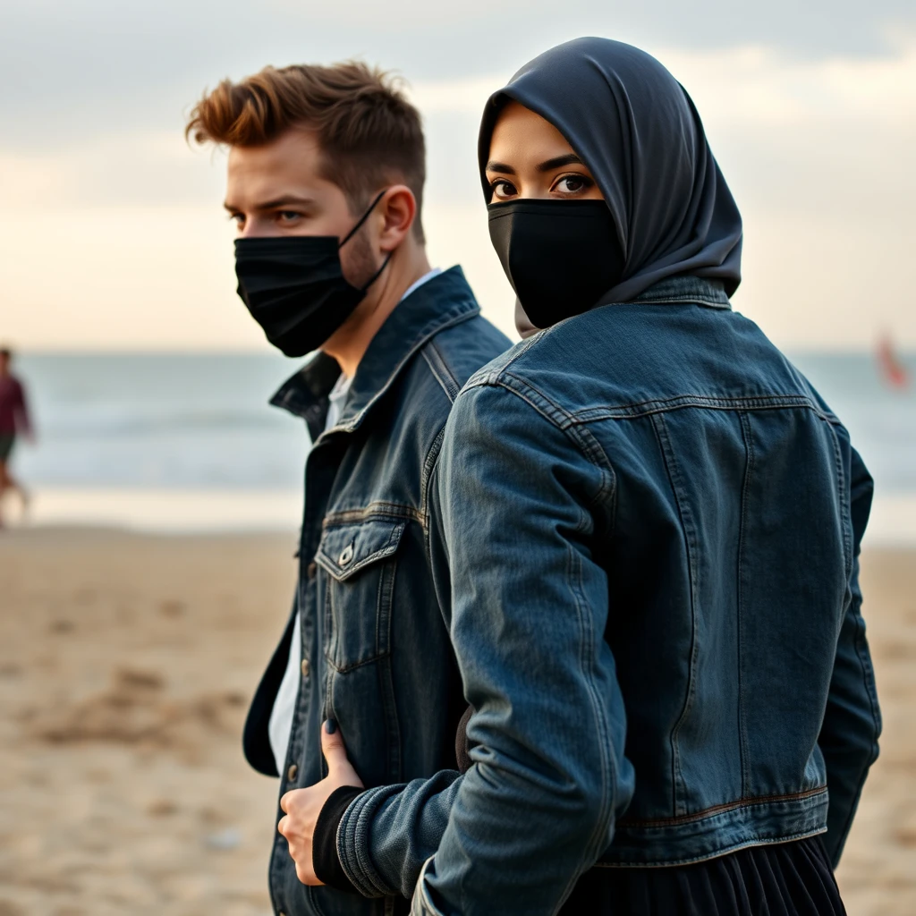 Jamie Dornan's head and body shot, handsome, black face mask, denim jacket, jeans, dating, love couple, hugging from behind, with the biggest gray hijab Muslim girl, black face mask, beautiful eyes, black leather jacket, largest skirt, at the beach, hyper-realistic, street photography, selfie. - Image