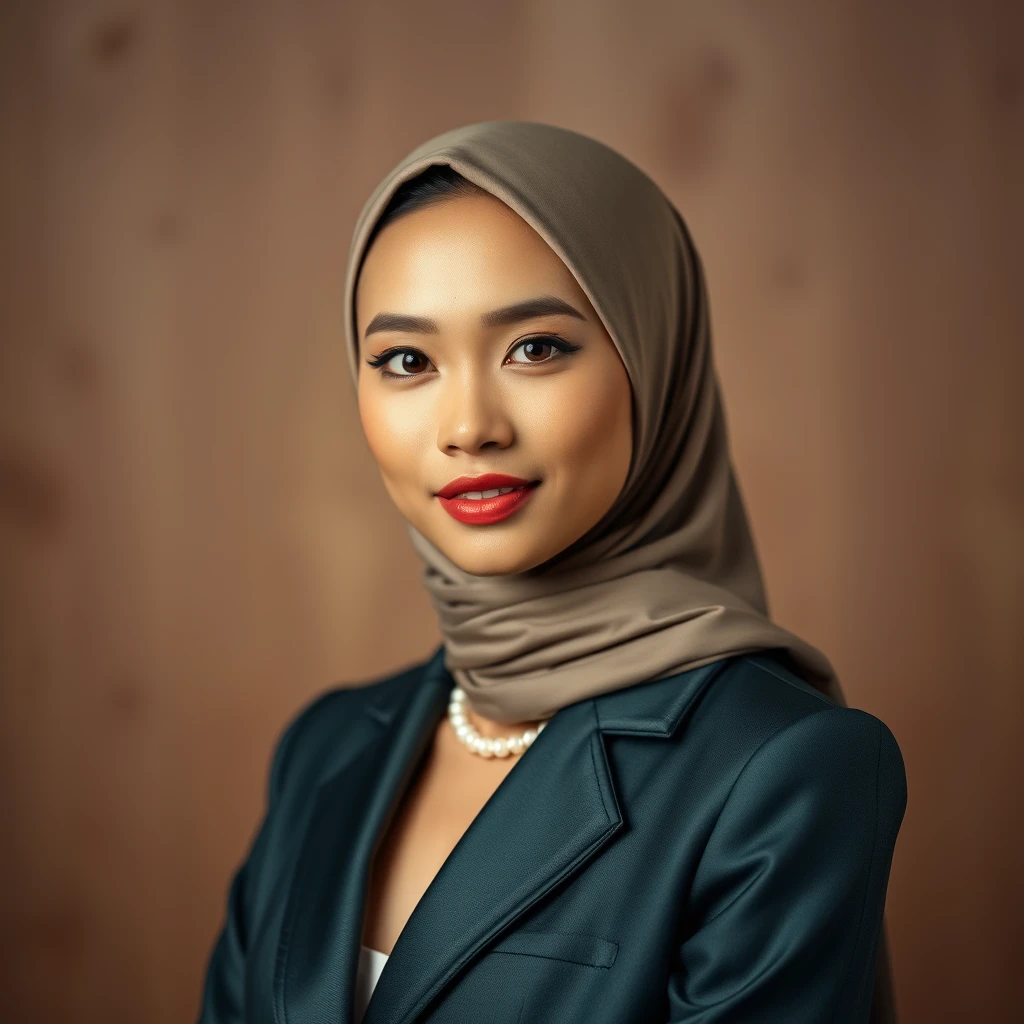 "Create an image of a beautiful Indonesian woman with fair skin. She should be portrayed in an elegant and tasteful manner, reflecting both beauty and confidence. Her attire should be stylish and sophisticated, highlighting her grace and poise. Ensure that the image is respectful and artistic, with a focus on showcasing her features and attire in a refined way. 8K HD"