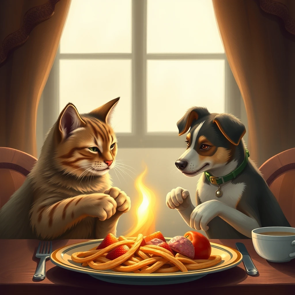 tabble，rich，small，cat and dog，eatting dinner - Image