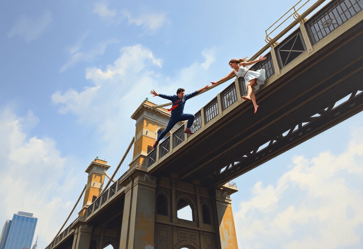 Man and woman jumping off a tall city bridge, highly detailed, oil on canvas.