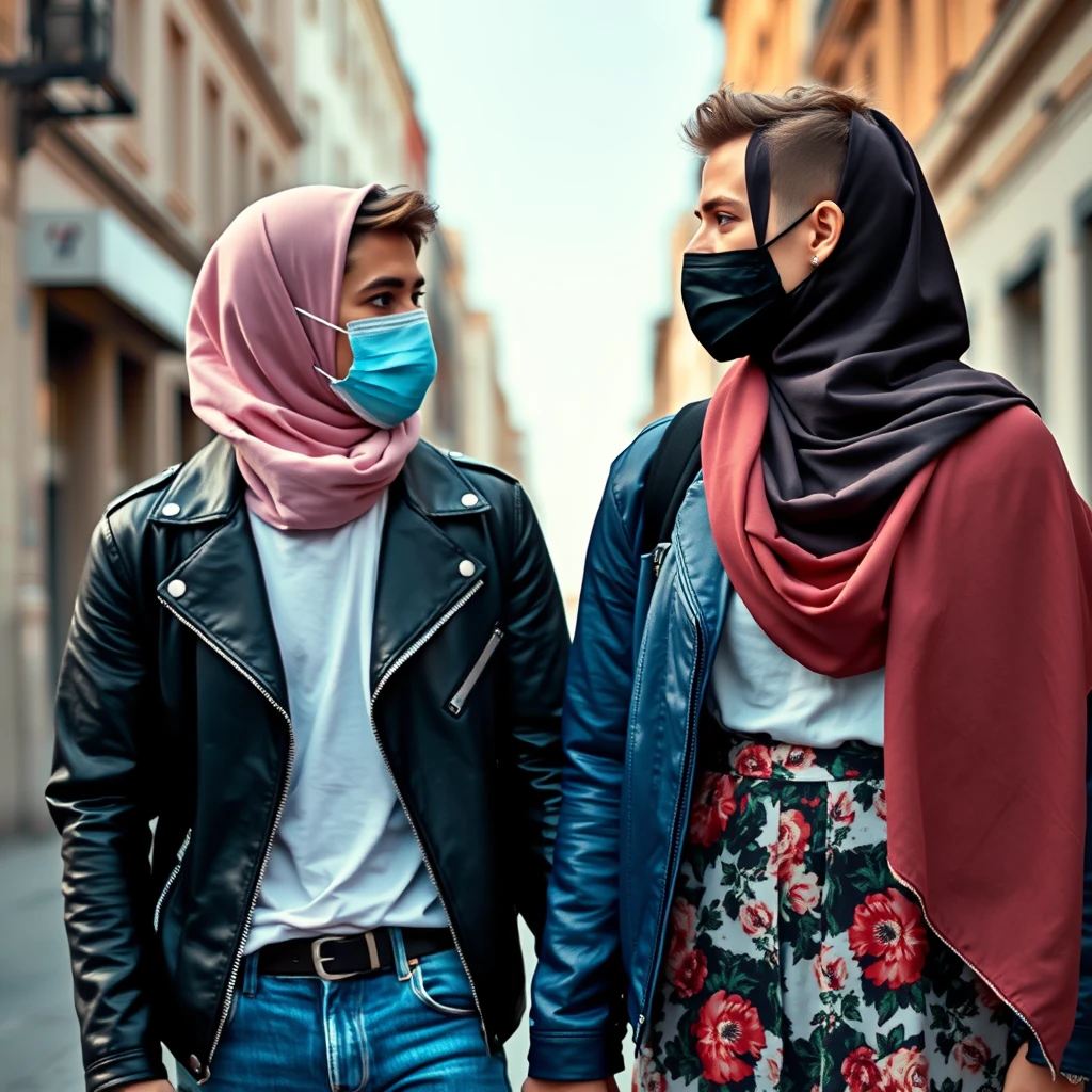 Jamie Dornan's face, hair and body shot, handsome, young, shaved, white t-shirt, blue jacket, jeans, dating love with biggest soft pink hijab, black leather jacket, black face mask, biggest floral skirt, hyper-realistic, street photography.