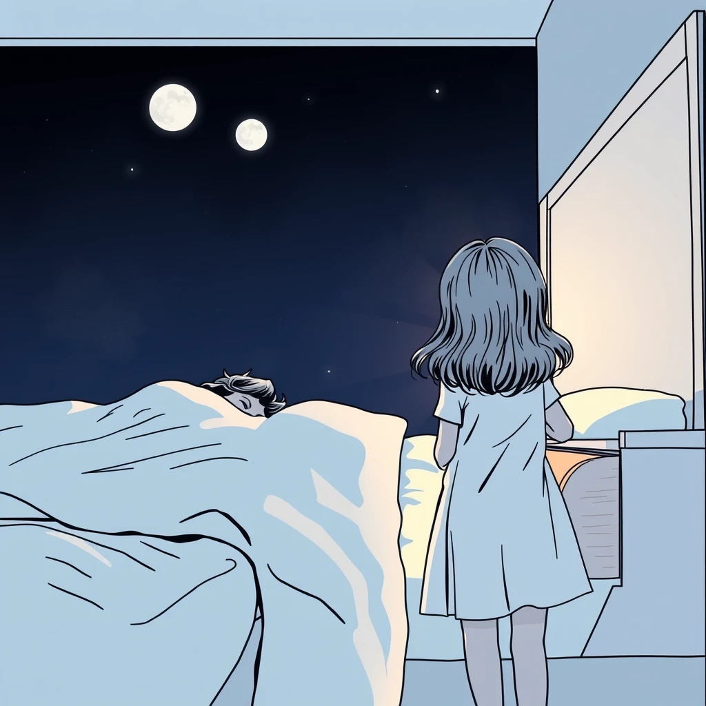 Side view of the bed where a woman is sleeping while her daughter stands nearby opening a drawer, dark night, moonlight, atmosphere, comic line art, close-up of the girl's back view. - Image