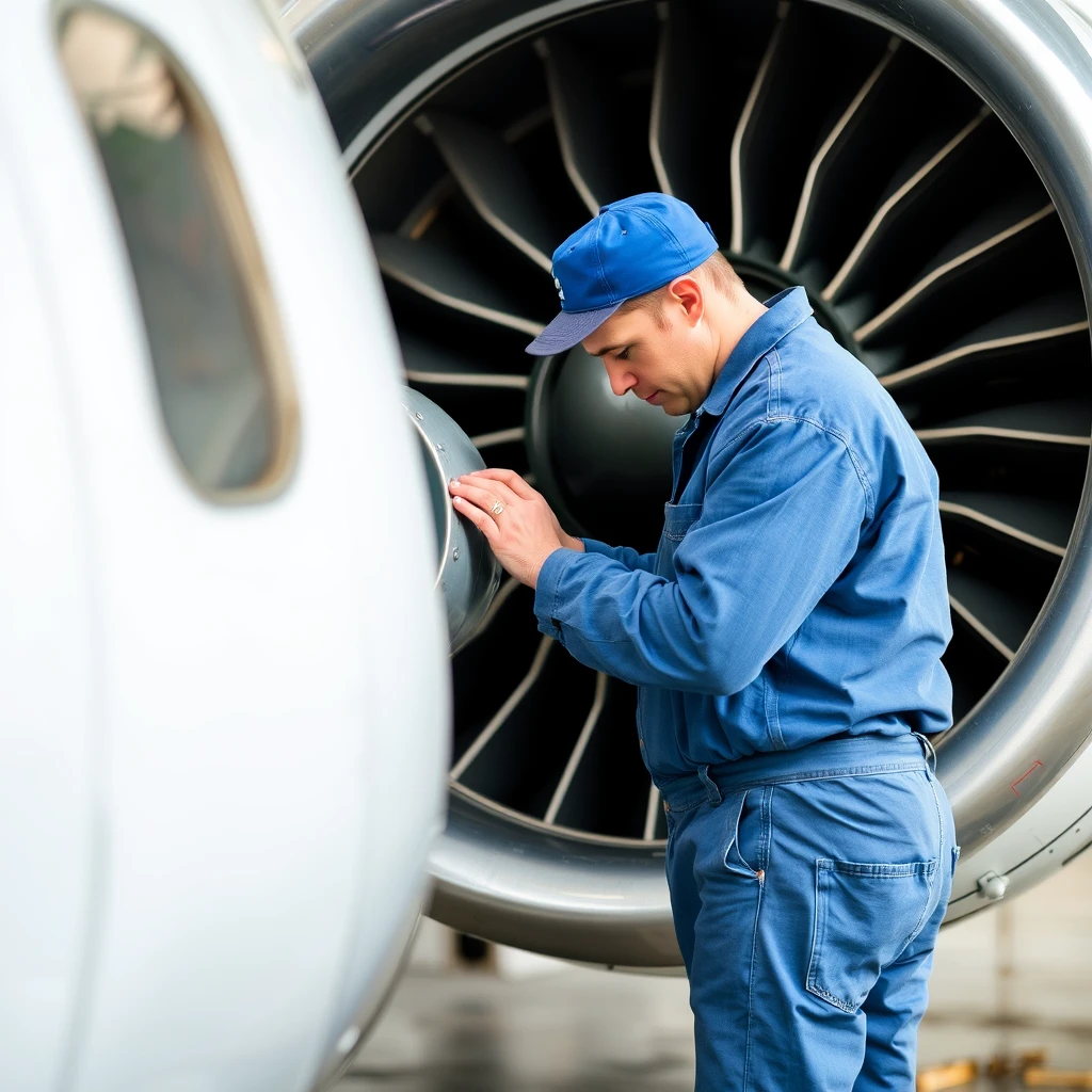 Technician repairing the airplane engine