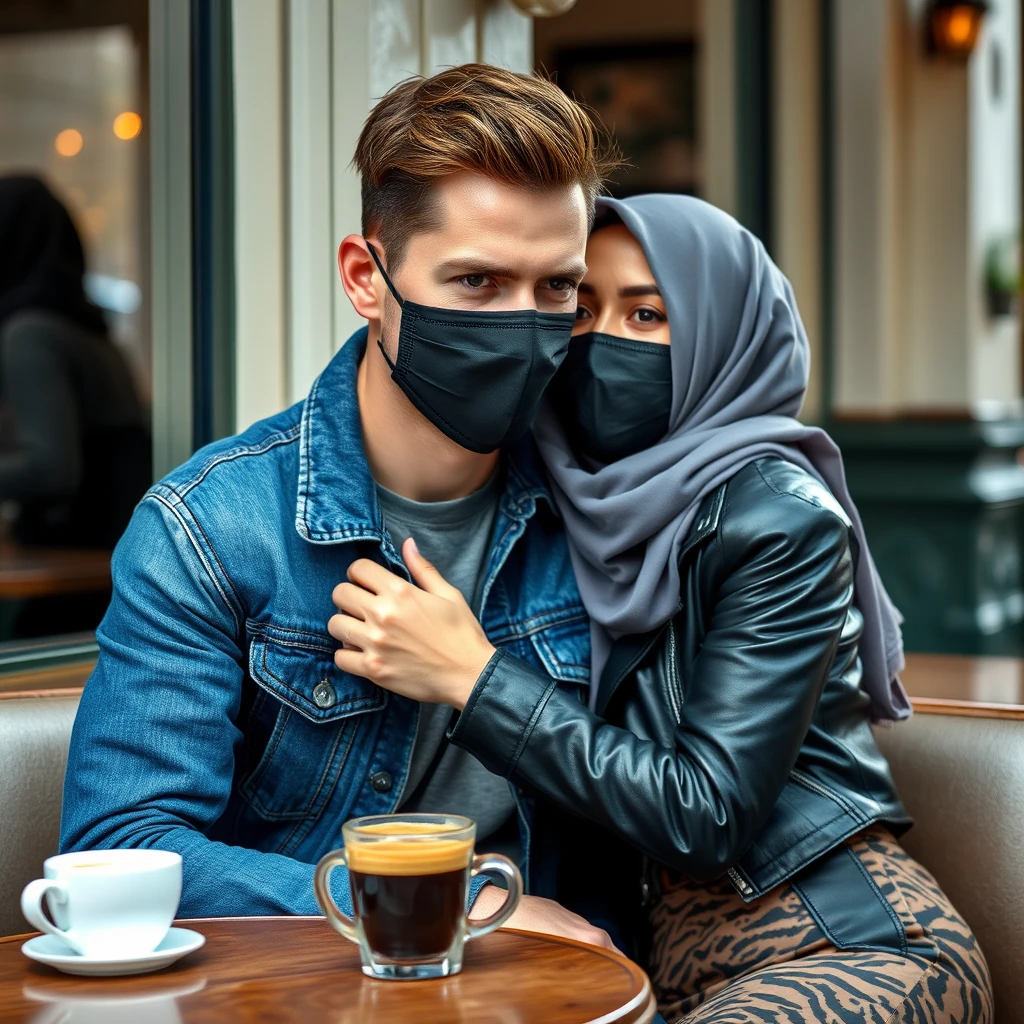 Jamie Dornan's head and body shot, handsome, face mask black, blue jeans jacket, jeans, dating with a grey hijab Muslim girl, beautiful eyes, face mask black, black leather jacket, biggest tiger pattern skirt, at cafe, 2 cups of espresso on table, photorealistic.