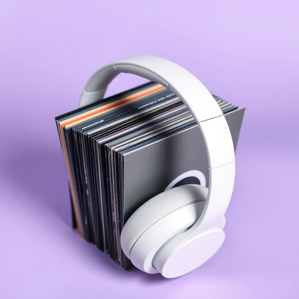 White pair of over-ear headphones clamping together a small number of vinyl records. Records are in their sleeves and stand upright. Isolated against light purple background. Photo taken from below.