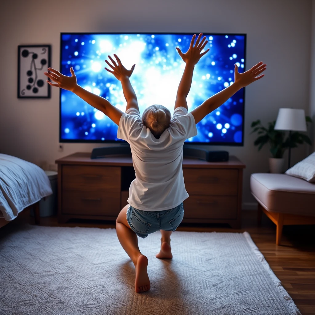 A side angle of a young blonde, slender woman in her bedroom, wearing a large white T-shirt and light blue denim shorts, with no shoes or socks. She crouches in front of her large-screen bedroom TV, facing the magical screen she is diving into, arms and head first. Both arms are stretched out in a lunge toward the TV, appearing blurry from the speed of her motion, while the bottom part of her T-shirt rises up, nearly revealing her chest due to the height of her arms.