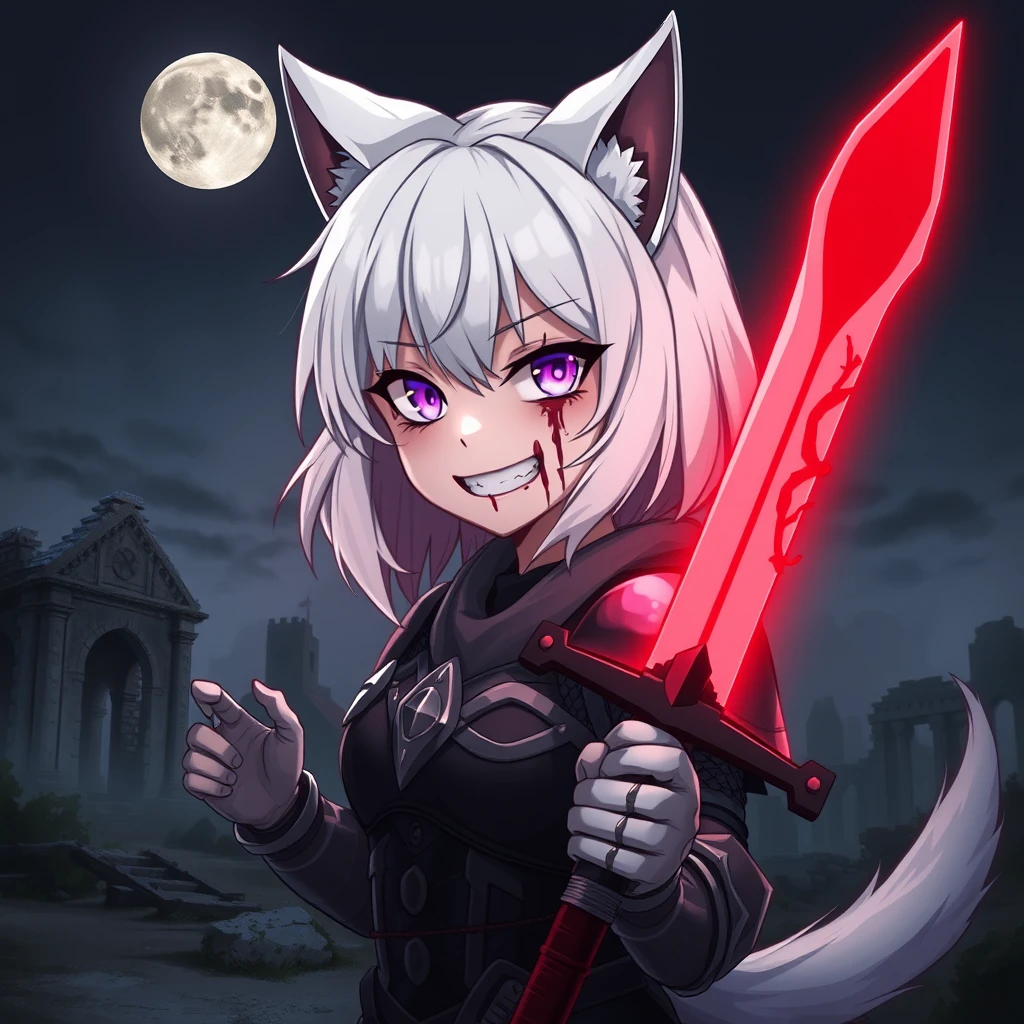 Anime girl with medium white hair, wolf ears, and a tail, purple eyes, and an evil grin, with blood on her face, holding a sword in her right hand. The sword is glowing light red and covered in blood. The girl is wearing armor. Old ruins can be seen in the background; it is dark and foggy, and there is a full moon in the sky.