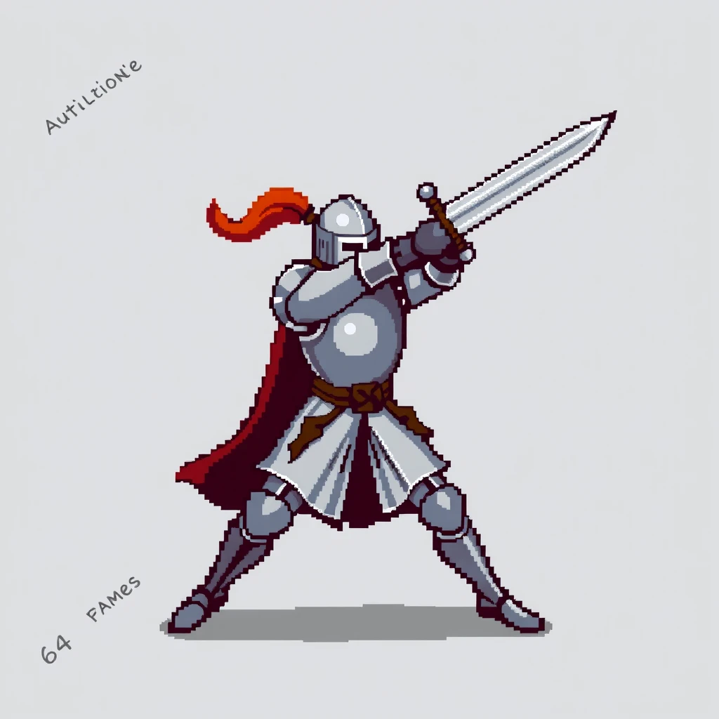 A spritesheet of a pixel art knight swinging a sword, where each individual frame is 64 pixels high and 64 pixels wide. The sword-swinging animation should be 8 frames. - Image