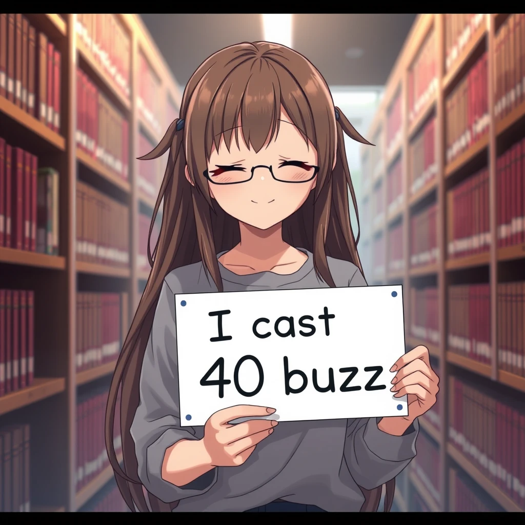 1girl, anime girl holding a sign with text "I cost 40 buzz", solo, long hair, expressive eyes, dark eyeshadow, detailed skin, detailed face, perfect face, closed eyes, twintails, smile, brown hair, glasses, casual clothes, library, illustration, perfect composition, dramatic lighting, film grain, highly dramatic background, cinematic film still, very aesthetic, (intricate details, (incredibly detailed), high detail, ultra-detailed), (hyperdetailed), (soft focus:1.1), absurdres, (hires textures), (4k), (masterpiece, best quality)