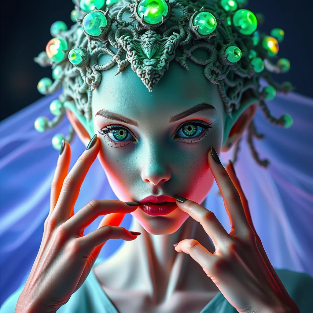 (vibrant neon colors) Ethereal beautiful alien-human hybrid, bioluminescent skin. Ornate organic crown with iridescent translucent nodules. Piercing green eyes, elongated features. Intricate bone-like structures, glowing backlit features. Delicate hands framing face. Pale mint complexion, freckles. Flowing seafoam garment. Hyper-detailed textures, otherworldly beauty. Surreal and dreamlike atmosphere, cinematic lighting. - Image