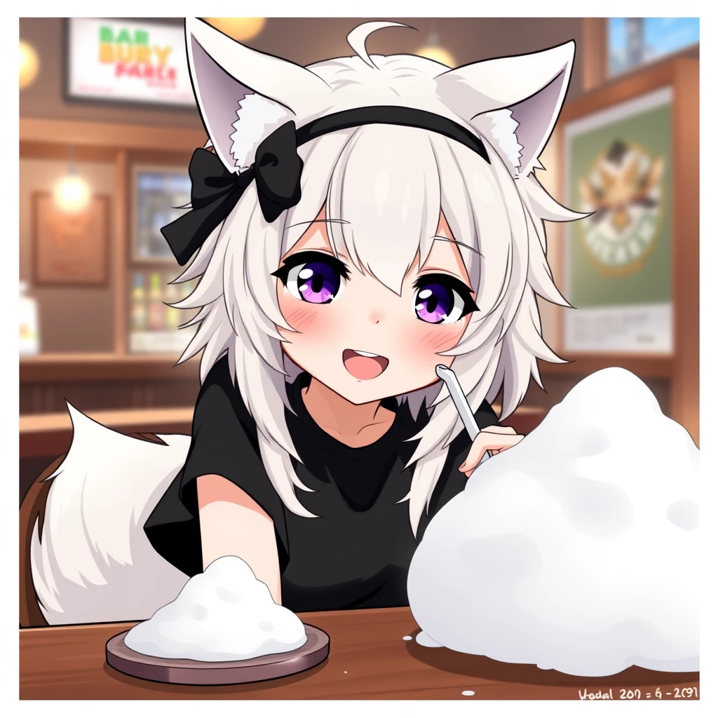 Cute anime woman with fluffy wolf ears and a fluffy tail, white messy medium hair, purple eyes, wearing a black t-shirt, sitting at the table in a bar. On the table is a tiny mountain of snow. The girl looks at the snow with a big crazy smile and has a straw in her right hand.