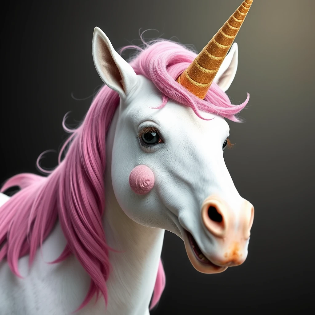 Happy unicorn with a turd instead of a horn, smiling, goofy, photorealistic.