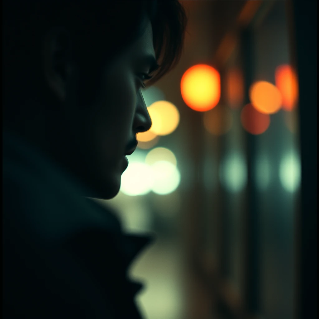 A gritty, high-contrast cinematic keyframe with a shallow depth of field, featuring a blurred background and a subject in focus, evoking a sense of intimacy and drama. Inspired by the works of Maciej Kuciara, Jama Jurabaev, and Wojtek Fus, this image blends the richness of cinematic color grading with the timeless charm of film photography. The color palette is a mix of deep, muted tones with bursts of vibrant colors, reminiscent of Kodak Porta 400 and Cinestill 800 film stocks. The lighting is moody and cinematic, with subtle vignette and bokeh effects that draw the viewer's attention to the subject. The overall aesthetic is filmic, with a grainy texture that adds to the image's emotional depth. The composition is carefully balanced, with negative space used effectively to create a sense of tension and atmosphere. - Image