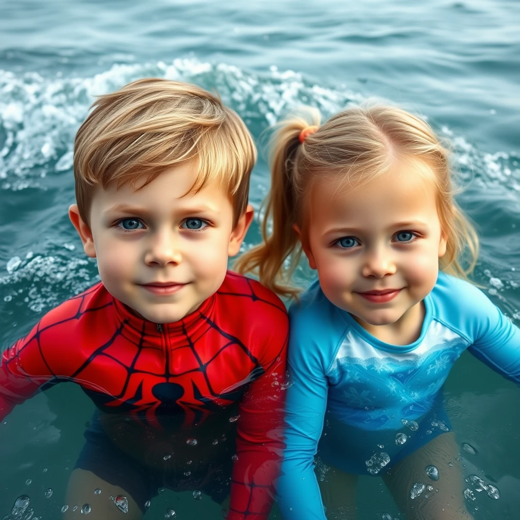 Four-year-old twins, a boy and a girl. Light brown hair and hazel eyes. Finnish looking. The boy is wearing a Spiderman UV swimming suit and the girl is wearing a Disney's Frozen UV swimming suit. They are swimming in the ocean, and there are huge waves and a scary shark.