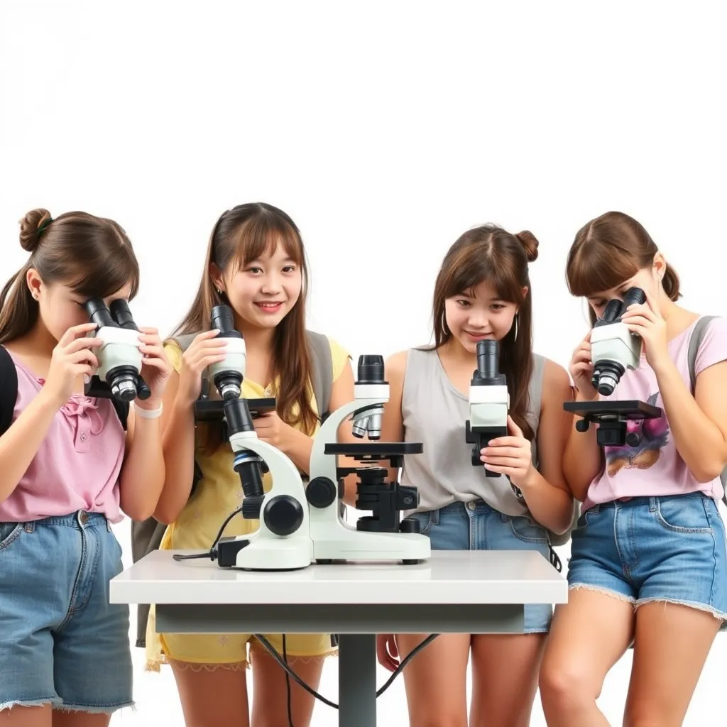 Create a photo of a group of female students wearing summer clothes and looking through microscopes. The background is white, and no text is visible. - Image