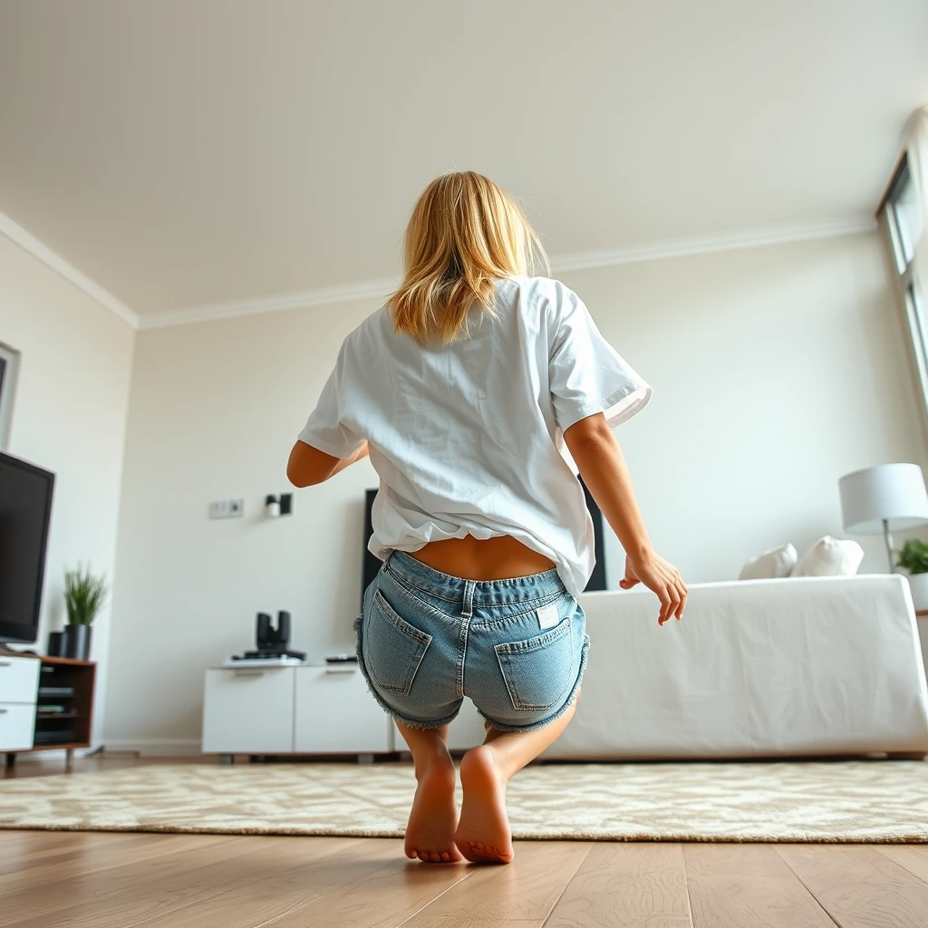 Side view angle of a blonde skinny woman who is in her massive living room wearing a massively oversized white t-shirt which is also very off balance on one of the sleeves for the shoulders and wearing oversized light blue denim shorts, and she is wearing no shoes or socks. She faces her TV and she dives headfirst into it.