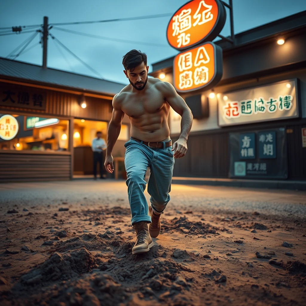 In the evening, a young strongman is stepping on mud and sand outside a restaurant. There is a sign outside the restaurant, and the words on the sign can be clearly seen, featuring Chinese characters or Japanese. - Image