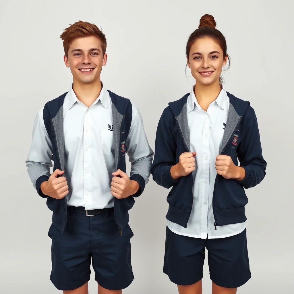 Two students are standing independently, the happy faces of two Australian students from St Andrews College, 15 years old, wearing a uniform of a white shirt and dark blue shorts made from high-quality microfiber fabric for warmth, and knee-length navy shorts. The young man's sharp features and the young woman's kind gaze exude intelligence and determination, their hands outside of their jackets, facing the photographer. The background is plain and neutral, keeping the focus on the subjects in a realistic, high-quality, full-body, and sharply detailed photograph, shot with a Sony A7A1 with a 16mm lens, 8k resolution. - Image