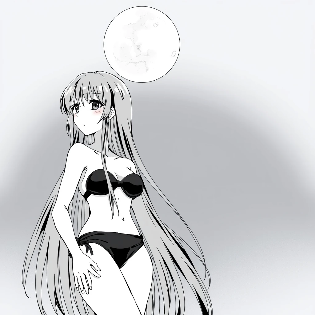 Girl with long, black hair in a black bikini. In the background, a black sky with a big, bright moon. Manga, grayscale. - Image