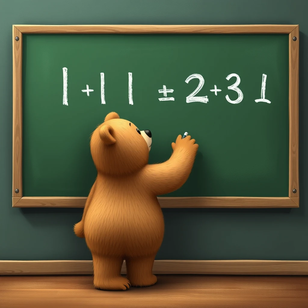 a carton bear standing in front of a blackboard writing 1+1、1+2、3-1 on it