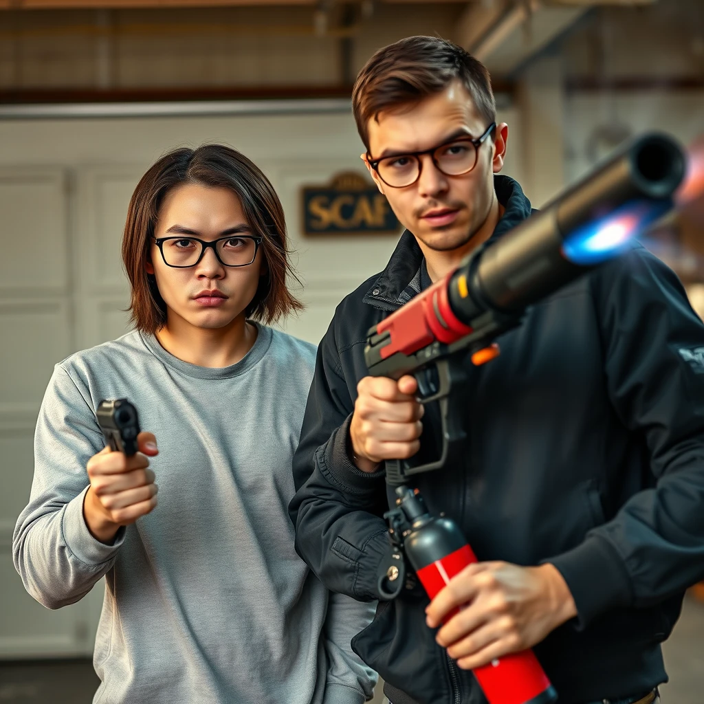 21-year-old white thin long-faced young northern Chinese man with a square chin, wearing square glasses, holding a pistol, with medium/long length hair; 21-year-old white Italian/Caucasian man wearing round glasses and short hair holding a very large fire extinguisher flamethrower; garage setting; both angry.