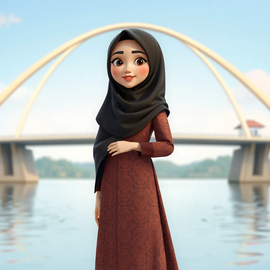 A 3D cartoon animation of a Muslim woman from Palembang, Indonesia, wearing a traditional long songket dress. She stands gracefully in front of the iconic Ampera Bridge, which arches beautifully in the background. The scene is rendered in stunning 8k resolution, capturing the vibrant colors and intricate details of the songket fabric. The woman's expression is serene and peaceful, with a gentle smile. The overall atmosphere is warm and welcoming, showcasing the cultural beauty and elegance of Palembang.