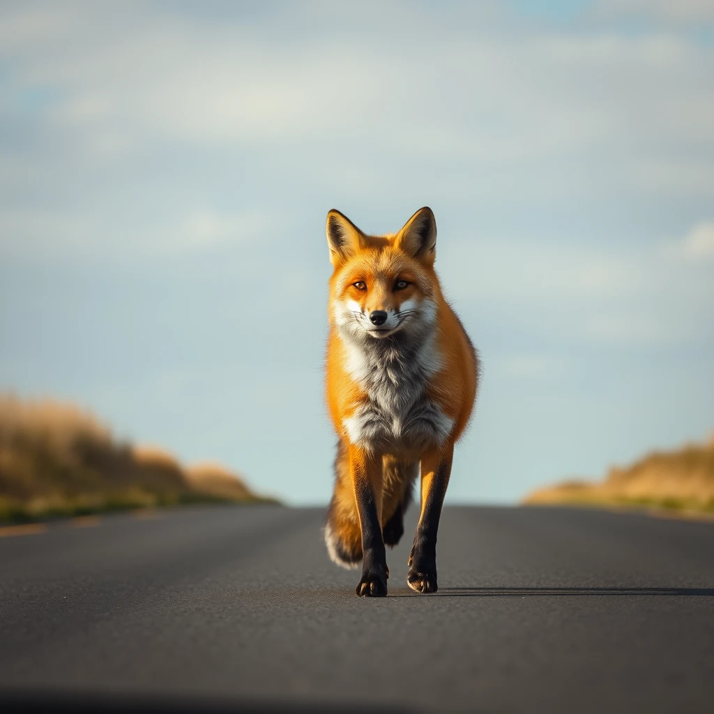 The fox is on the road.